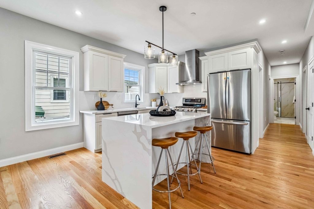 Interior, Kitchen, Pendant Lights, Recessed Lighting, Stainless Steel Appliances, Wood Texture Flooring