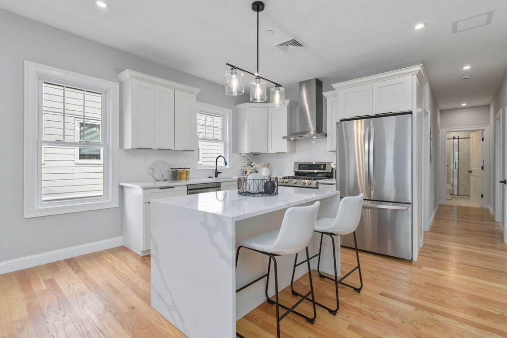 Interior, Kitchen, Pendant Lights, Recessed Lighting, Stainless Steel Appliances, Wood Texture Flooring