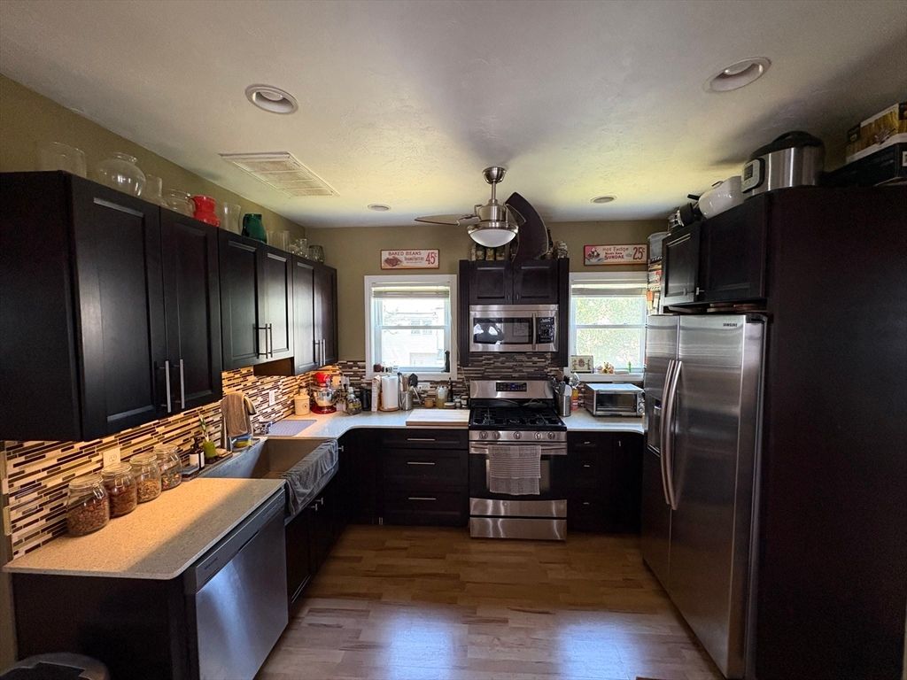 Interior, Kitchen, Recessed Lighting, Stainless Steel Appliances, Wood Texture Flooring