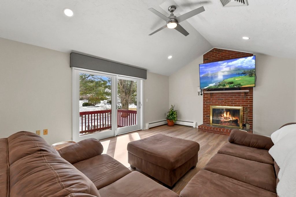 Fireplace, Interior, Living room, Recessed Lighting, Wood Texture Flooring