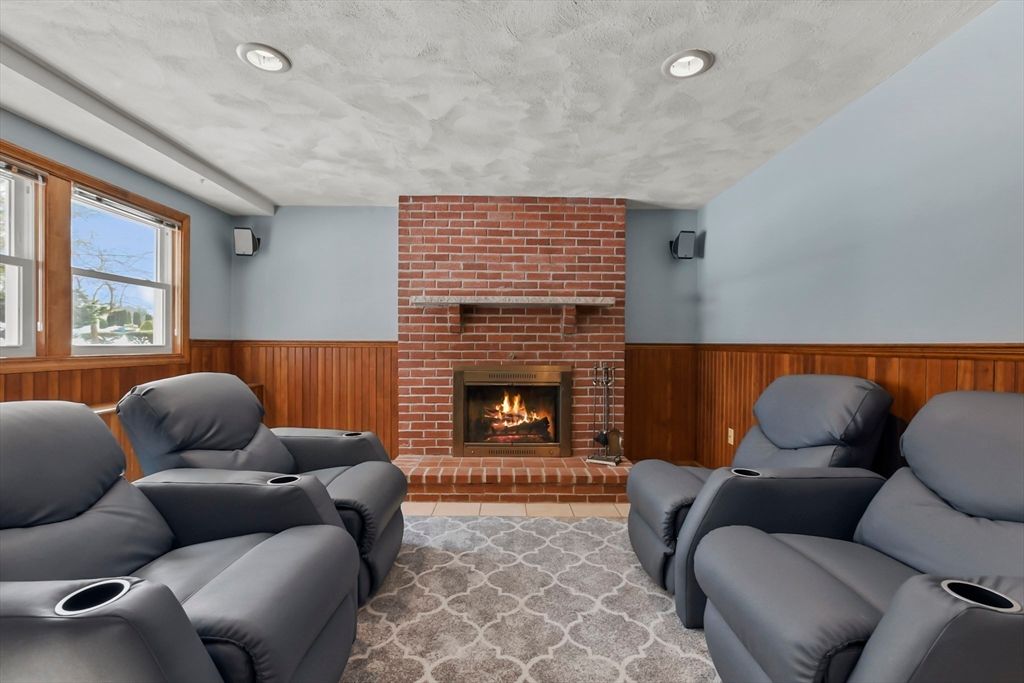 Home Theatre Room, Fireplace, Interior, Living room, Recessed Lighting, Stone Walls, Wooden Walls