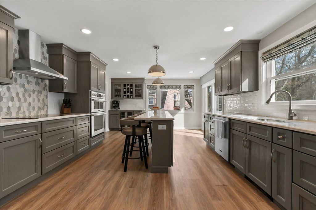 Interior, Kitchen, Pendant Lights, Recessed Lighting, Stainless Steel Appliances, Wood Texture Flooring