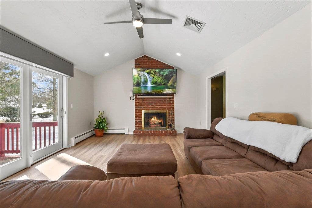 Fireplace, Interior, Living room, Recessed Lighting, Wood Texture Flooring