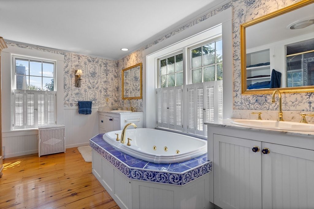 Bathroom, Interior, Recessed Lighting, Tile Countertops, Wood Texture Flooring