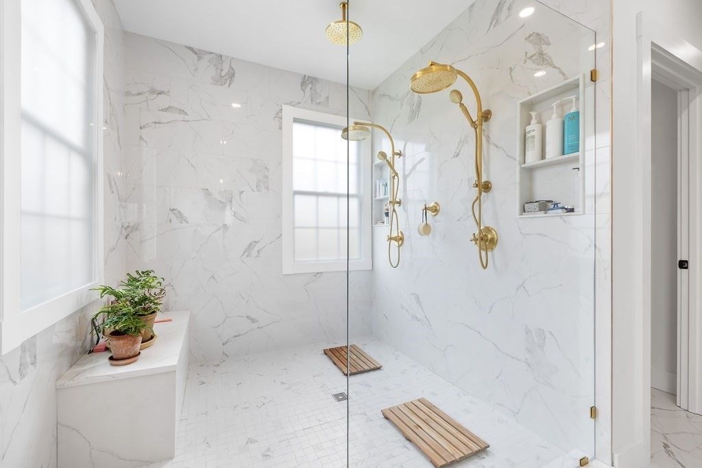 Bathroom, Glass Shower, Interior, Marble, Marble Walls, Recessed Lighting