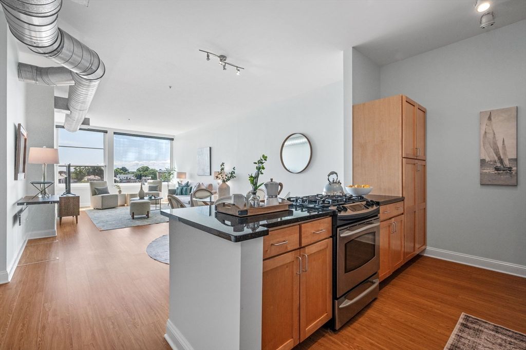 Interior, Kitchen, Living room, Stainless Steel Appliances, Wood Texture Flooring