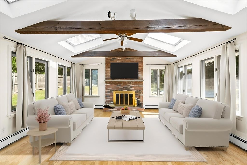 Fireplace, Interior, Living room, Stone Walls, Wooden Beams, Wood Texture Flooring