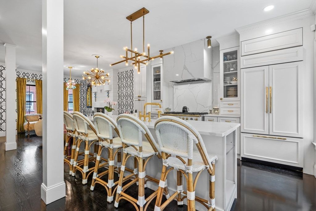 Interior, Kitchen, Marble Walls, Pendant Lights, Recessed Lighting, Wood Texture Flooring