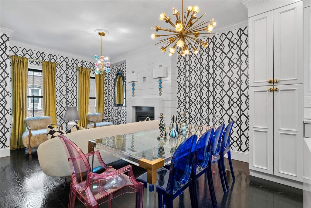 Dining room, Fireplace, Interior, Pendant Lights, Wood Texture Flooring