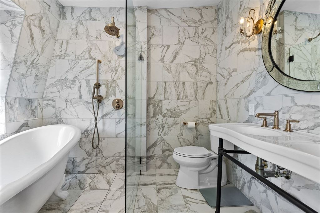 Bathroom, Free Standing Baths, Glass Shower, Interior, Marble, Marble Walls