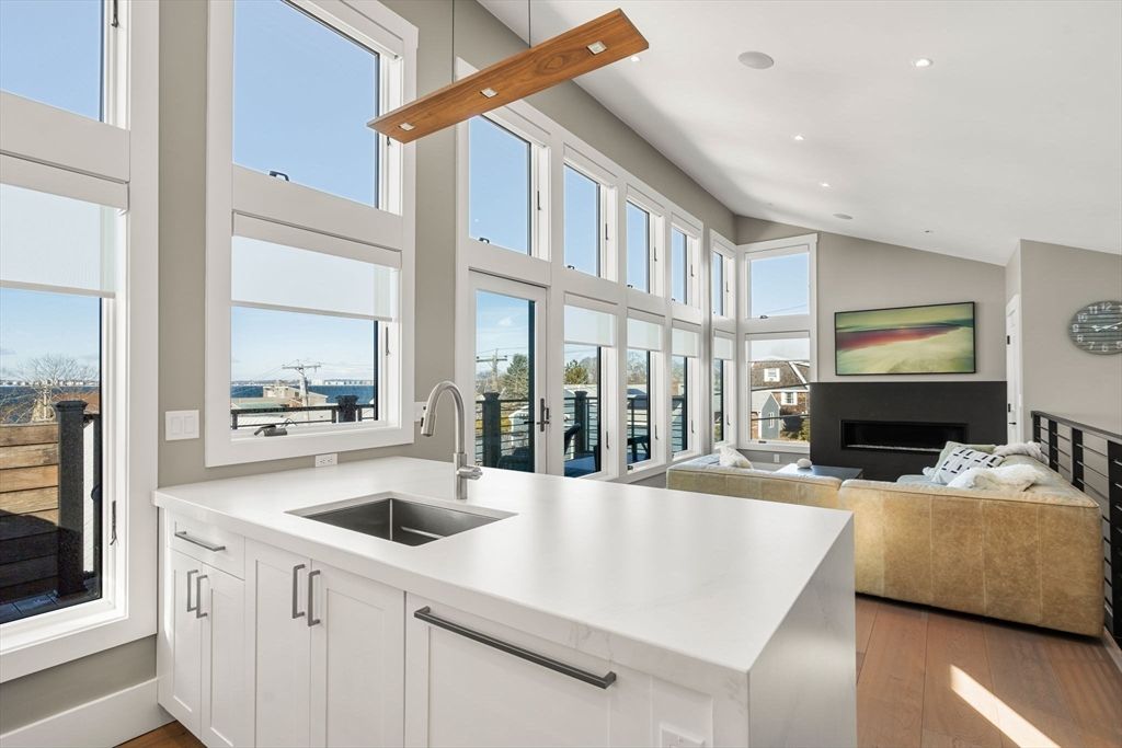Fireplace, Interior, Kitchen, Living room, Recessed Lighting, Water, Wooden Beams, Wood Texture Flooring
