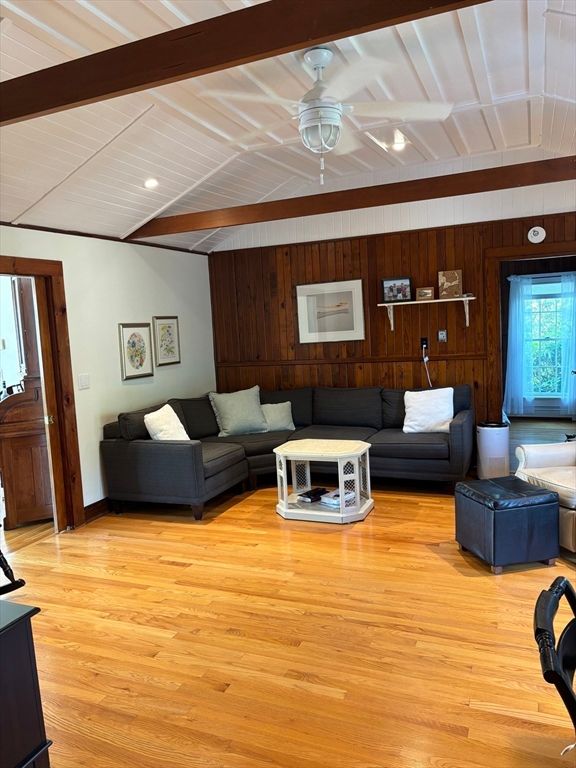 Interior, Living room, Recessed Lighting, Wood Texture Flooring, Wooden Walls