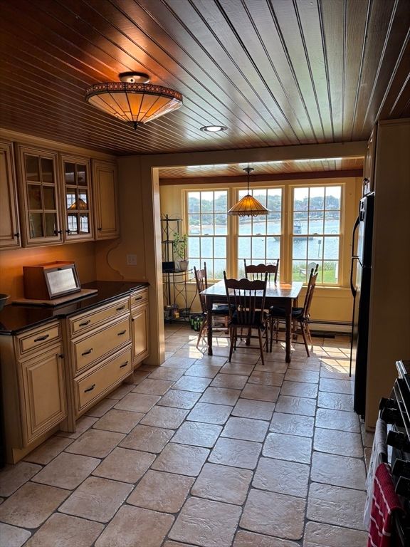 Dining room, Interior, Pendant Lights, Water, Wooden Ceilings