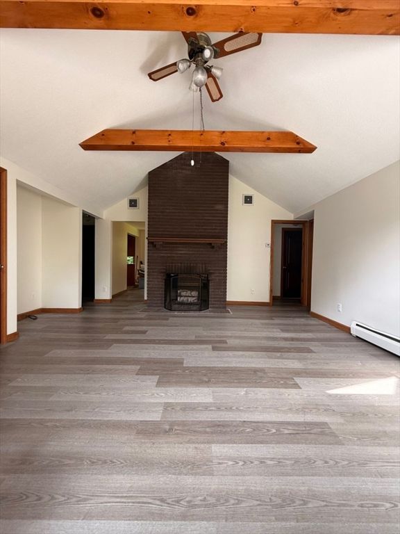 Empty room, Fireplace, Interior, Stone Walls, Wooden Beams, Wood Texture Flooring