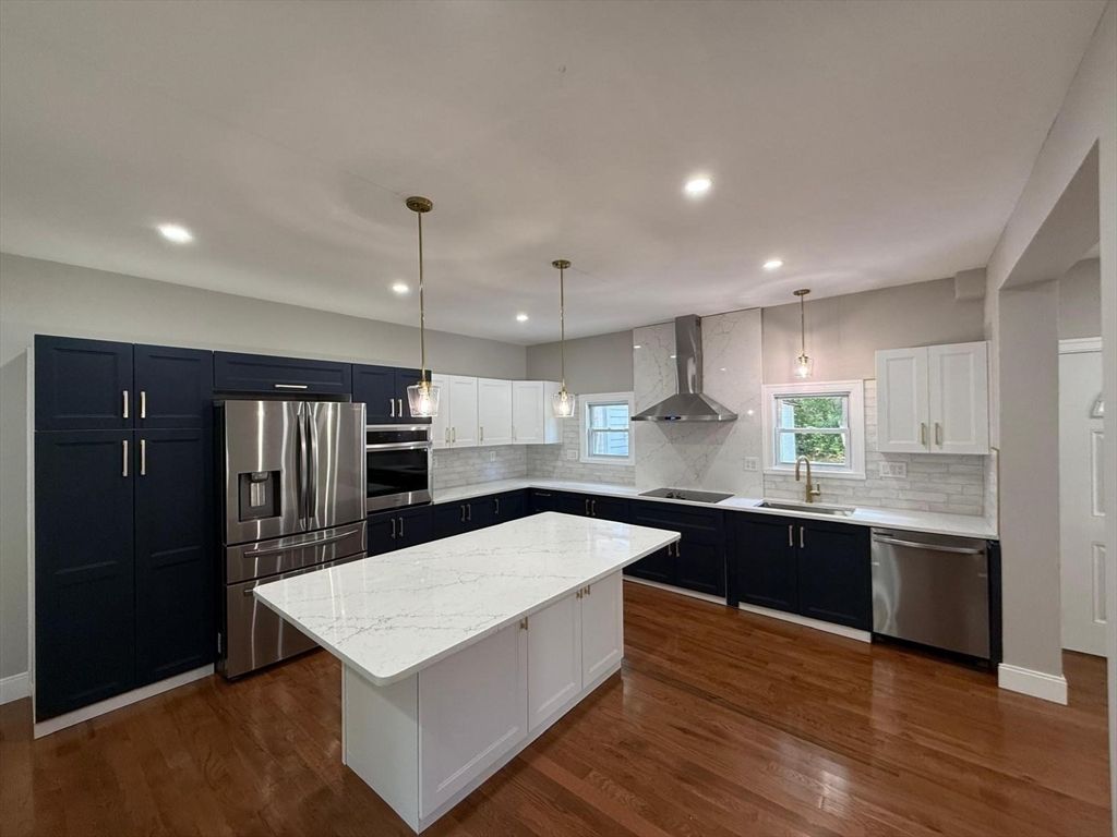 Interior, Kitchen, Pendant Lights, Recessed Lighting, Stainless Steel Appliances, Wood Texture Flooring