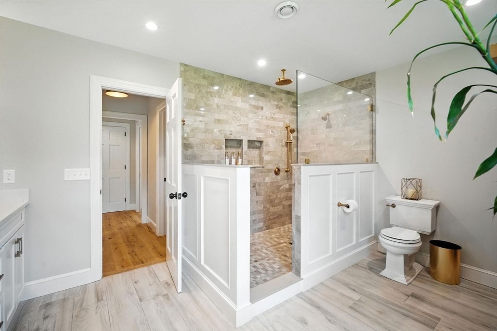 Bathroom, Glass Shower, Interior, Recessed Lighting, Wood Texture Flooring