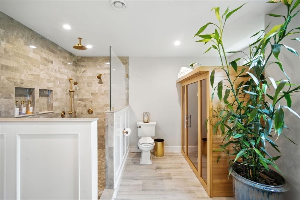 Bathroom, Glass Shower, Interior, Recessed Lighting, Stone Walls, Wood Texture Flooring