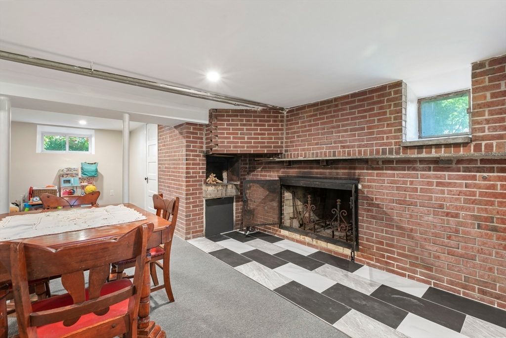 Dining room, Fireplace, Interior, Recessed Lighting, Stone Walls