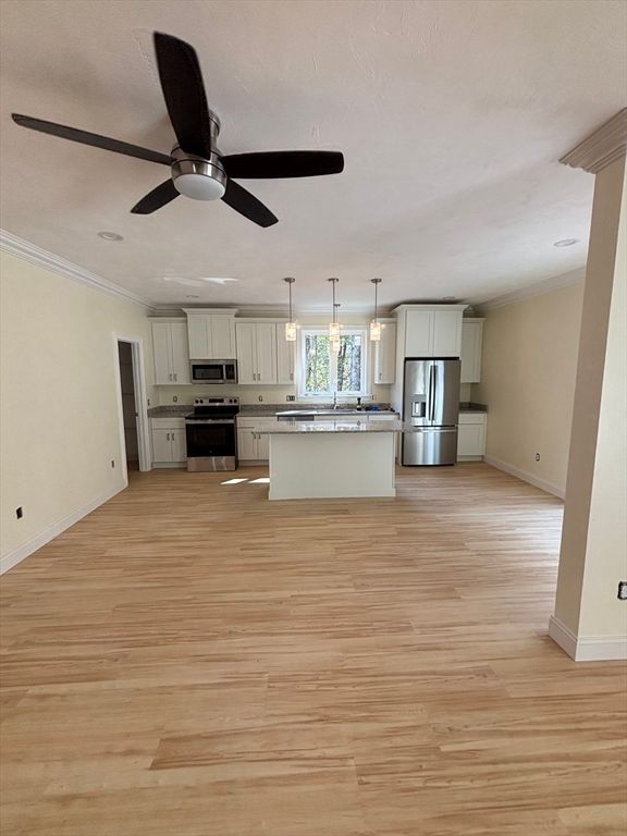 Interior, Kitchen, Pendant Lights, Stainless Steel Appliances, Wood Texture Flooring