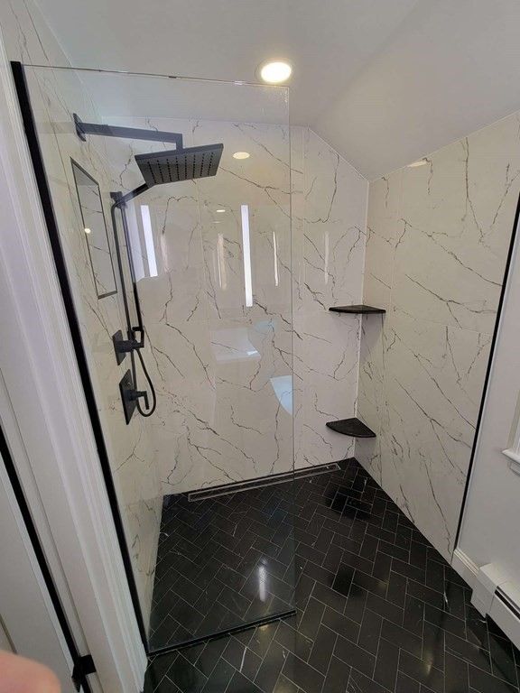 Bathroom, Glass Shower, Interior, Marble Walls, Recessed Lighting