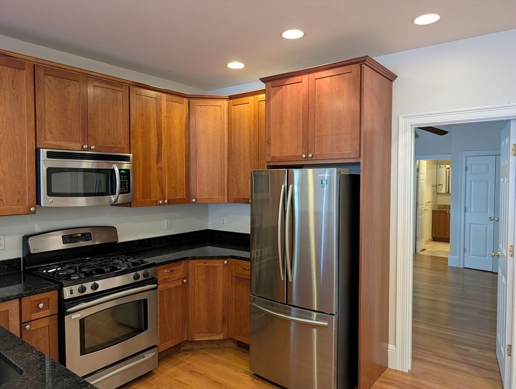 Interior, Kitchen, Recessed Lighting, Stainless Steel Appliances, Wood Texture Flooring