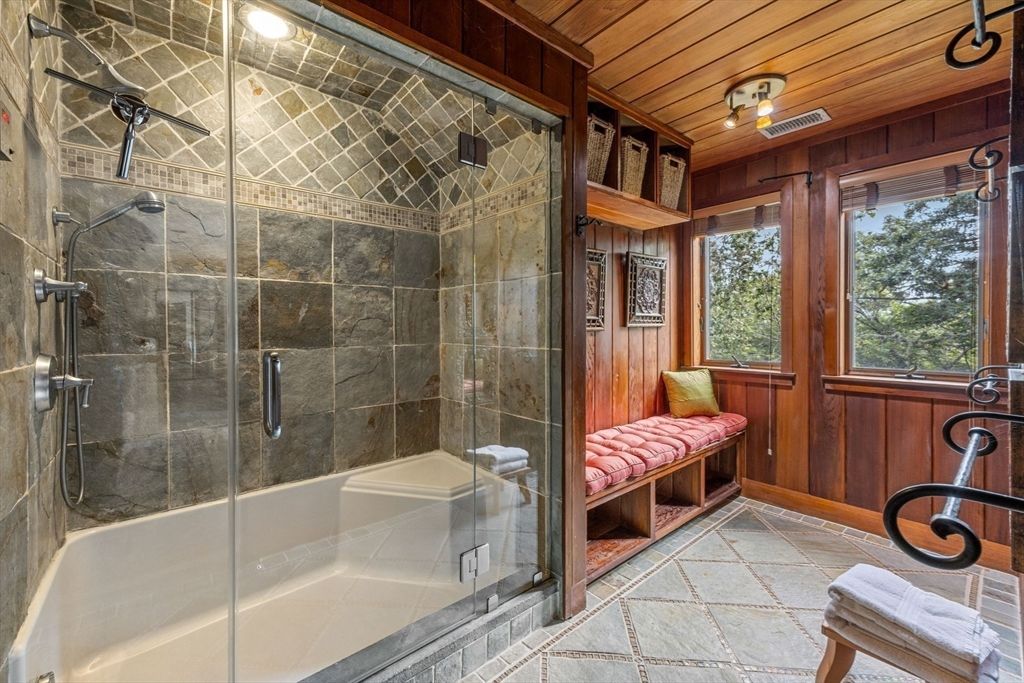Bathroom, Glass Shower, Interior, Wooden Ceilings, Wooden Walls