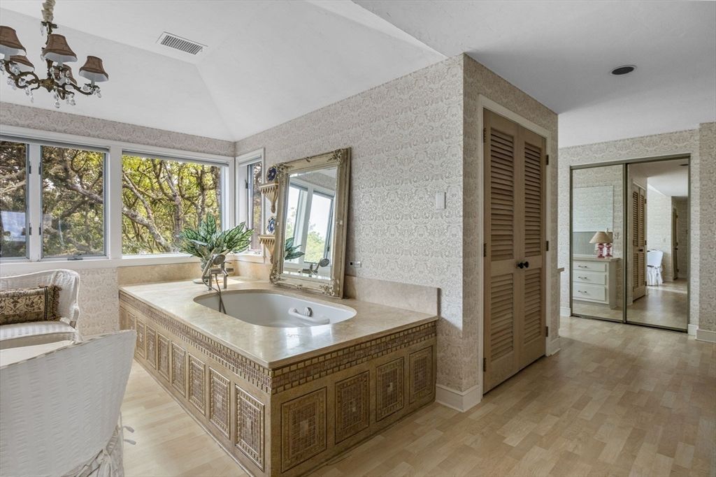 Bathroom, Chandelier, Interior, Wood Texture Flooring