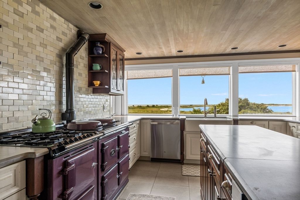 Interior, Kitchen, Recessed Lighting, Stainless Steel Appliances, Stone Walls, Water, Wooden Ceilings