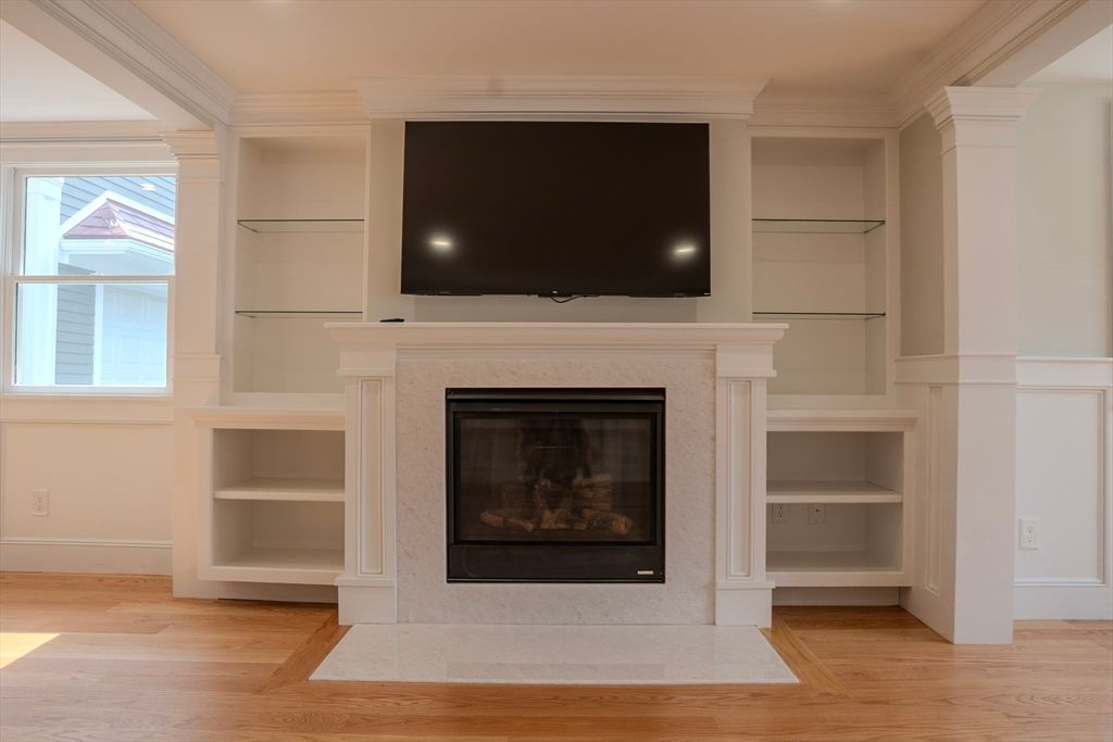Fireplace, Interior, Recessed Lighting, Wood Texture Flooring