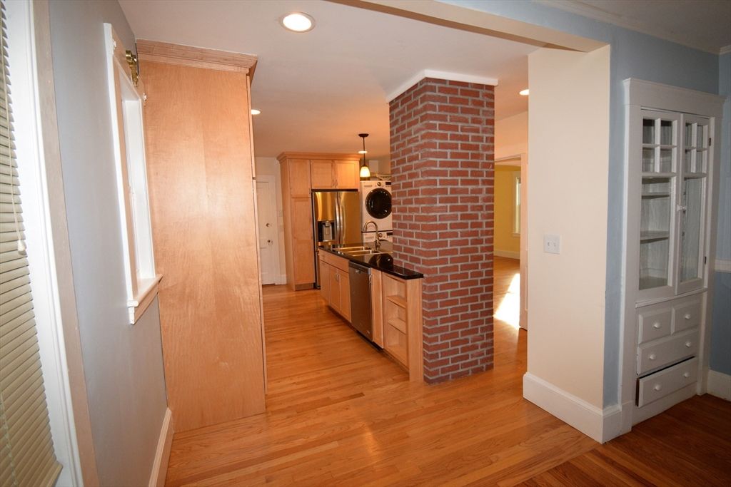 Interior, Kitchen, Recessed Lighting, Stainless Steel Appliances, Stone Walls, Wood Texture Flooring