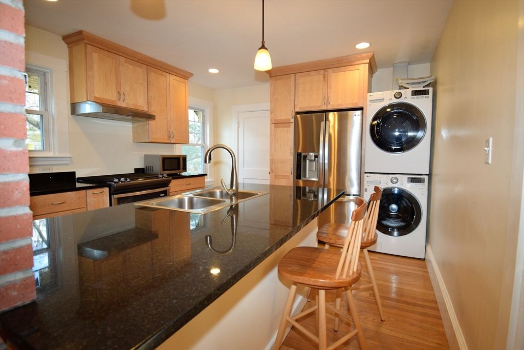 Interior, Kitchen, Pendant Lights, Recessed Lighting, Stainless Steel Appliances, Washer, Wood Texture Flooring