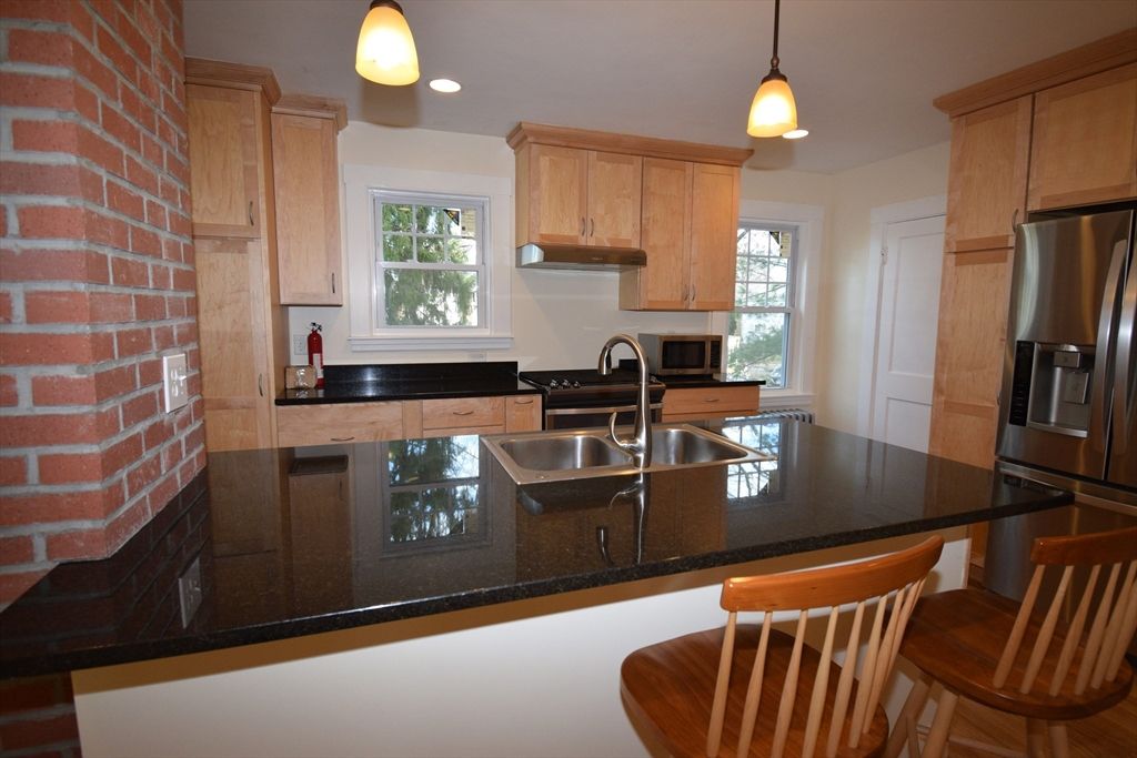 Interior, Kitchen, Pendant Lights, Recessed Lighting, Stainless Steel Appliances, Stone Walls