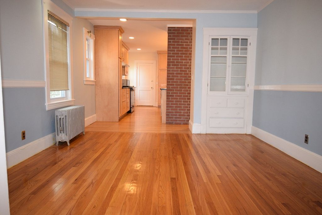 Empty room, Interior, Kitchen, Recessed Lighting, Stone Walls, Wood Texture Flooring