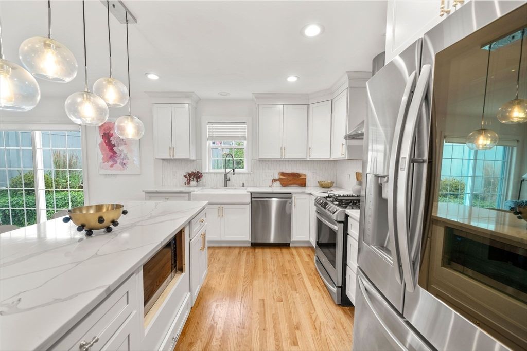 Interior, Kitchen, Pendant Lights, Recessed Lighting, Stainless Steel Appliances, Wood Texture Flooring