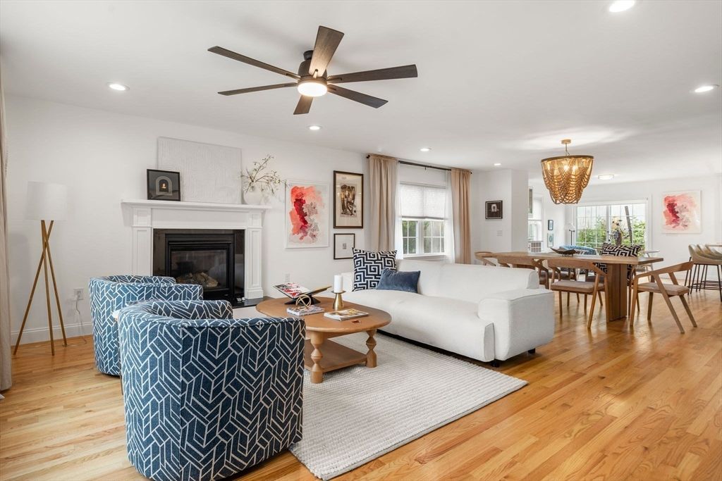 Chandelier, Dining room, Fireplace, Interior, Living room, Recessed Lighting, Wood Texture Flooring