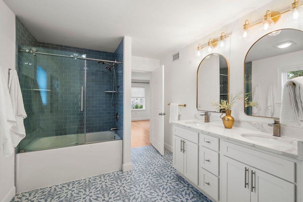 Bathroom, Dual Sink Vanities, Glass Shower, Interior, Wood Texture Flooring