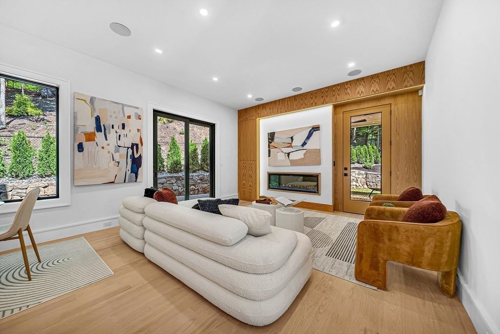 Fireplace, Interior, Living room, Recessed Lighting, Wood Texture Flooring, Wooden Walls