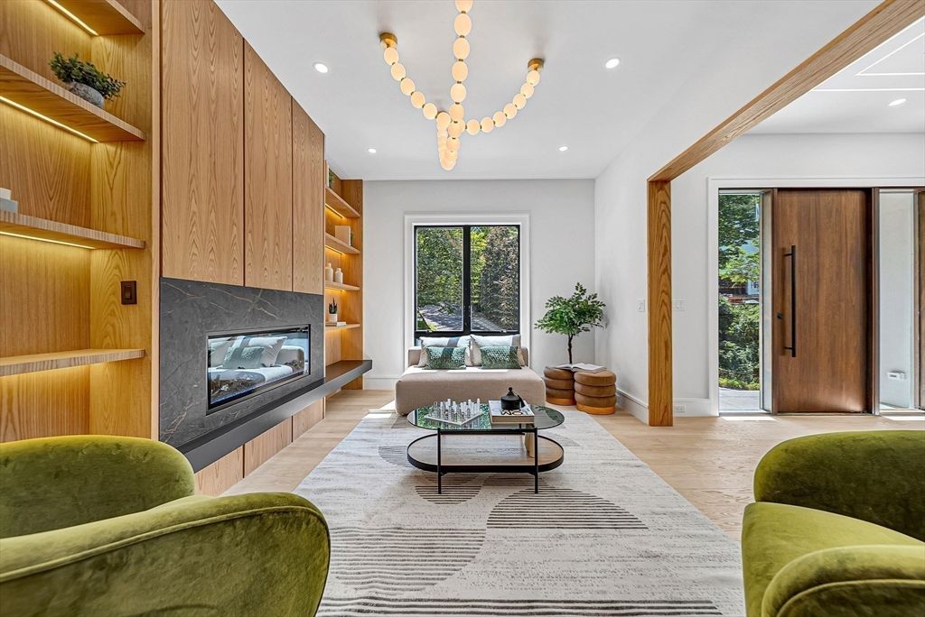 Fireplace, Interior, Living room, Recessed Lighting, Wood Texture Flooring, Wooden Walls