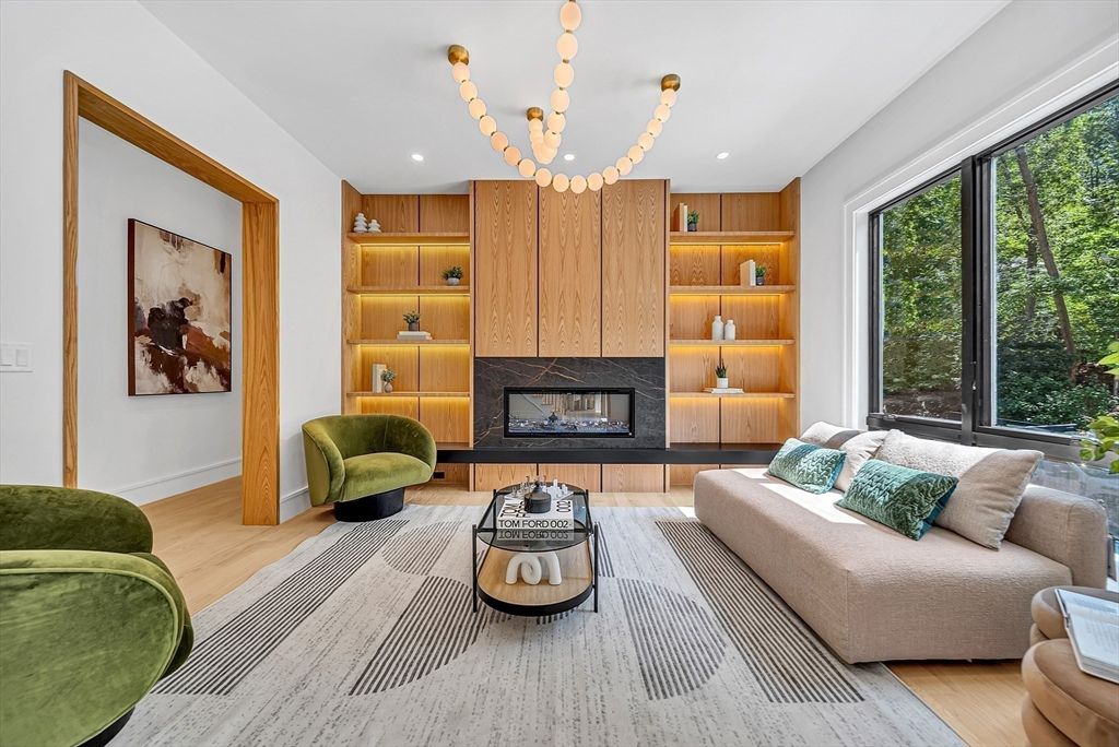 Fireplace, Interior, Living room, Recessed Lighting, Wood Texture Flooring