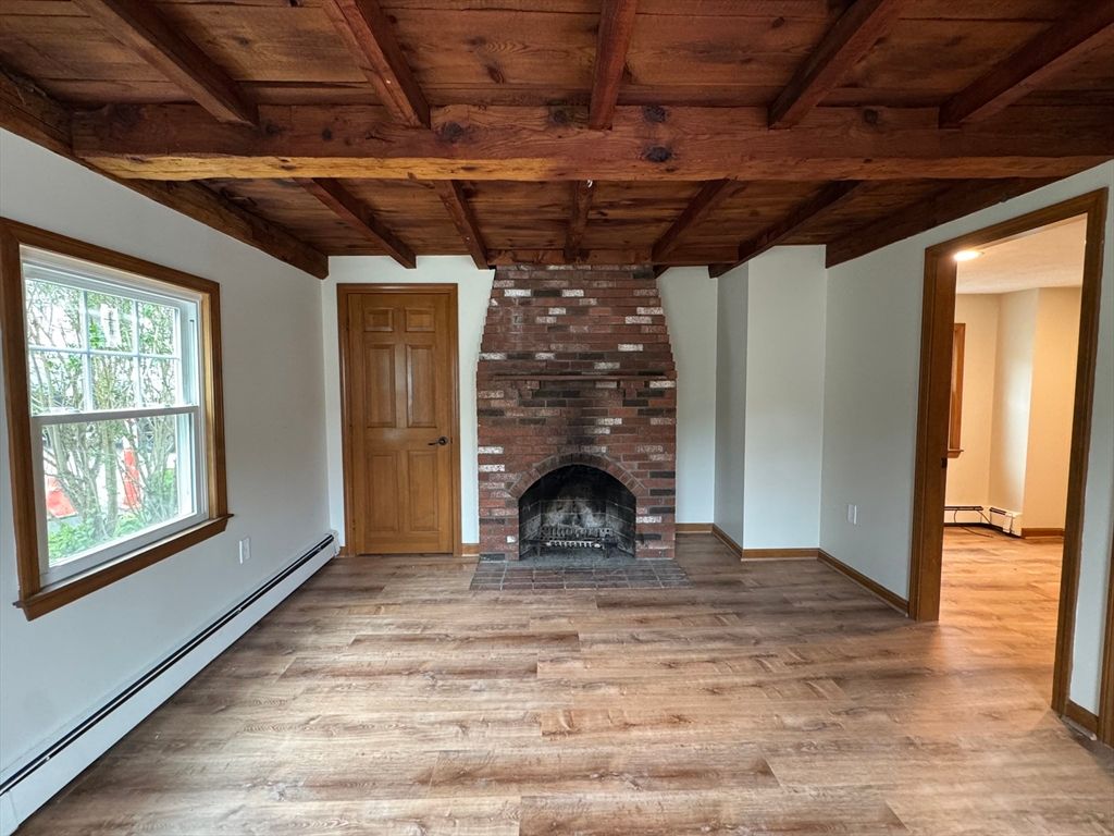 Empty room, Fireplace, Interior, Wooden Beams, Wooden Ceilings, Wood Texture Flooring