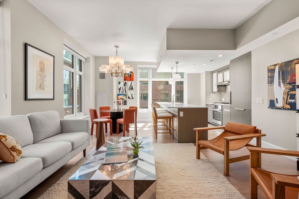 Chandelier, Dining room, Interior, Kitchen, Living room, Recessed Lighting, Stainless Steel Appliances, Wood Texture Flooring