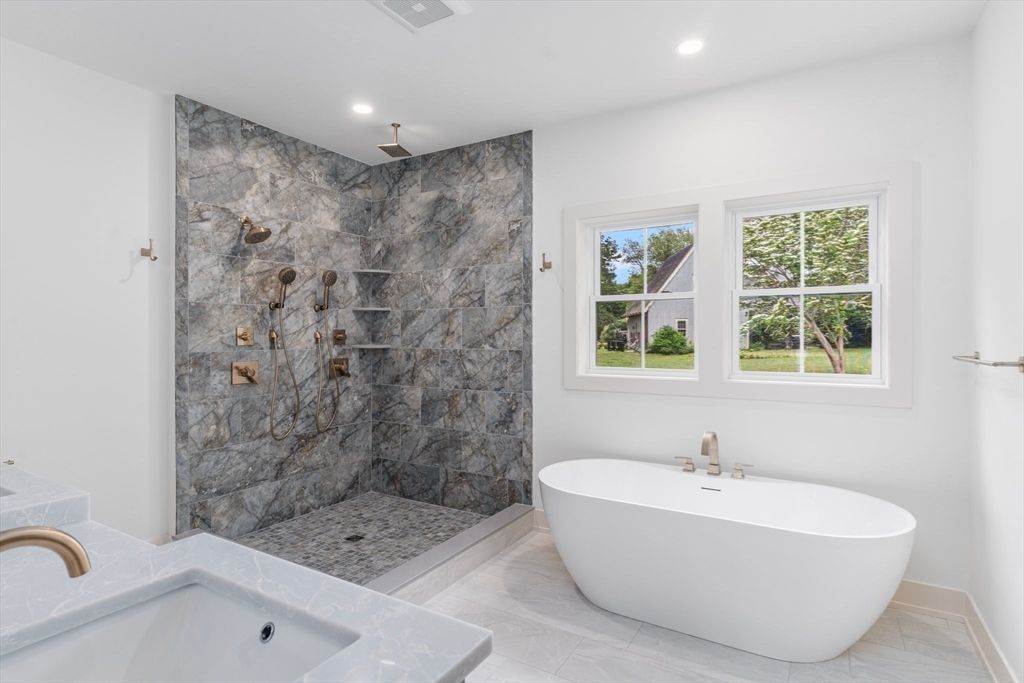 Bathroom, Free Standing Baths, Interior, Marble Walls, Recessed Lighting