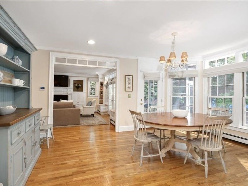 Chandelier, Dining room, Fireplace, Interior, Living room, Recessed Lighting, Wood Texture Flooring