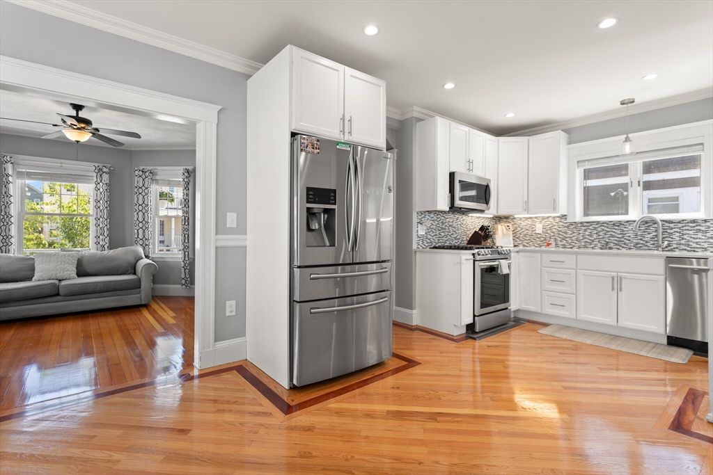 Interior, Kitchen, Recessed Lighting, Stainless Steel Appliances, Wood Texture Flooring