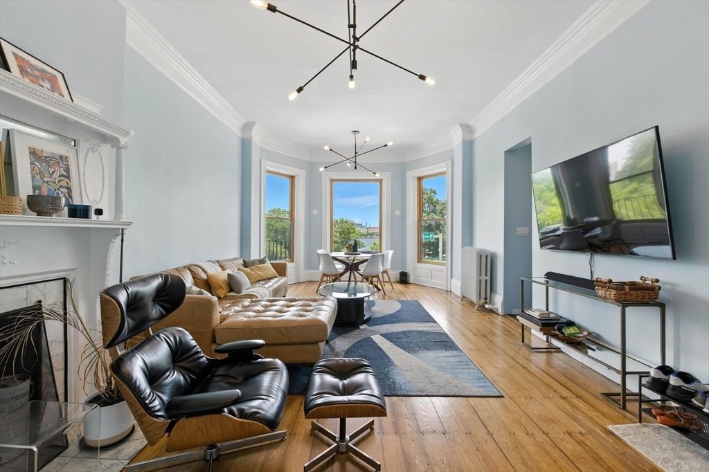 Dining room, Fireplace, Interior, Living room, Pendant Lights, Wood Texture Flooring