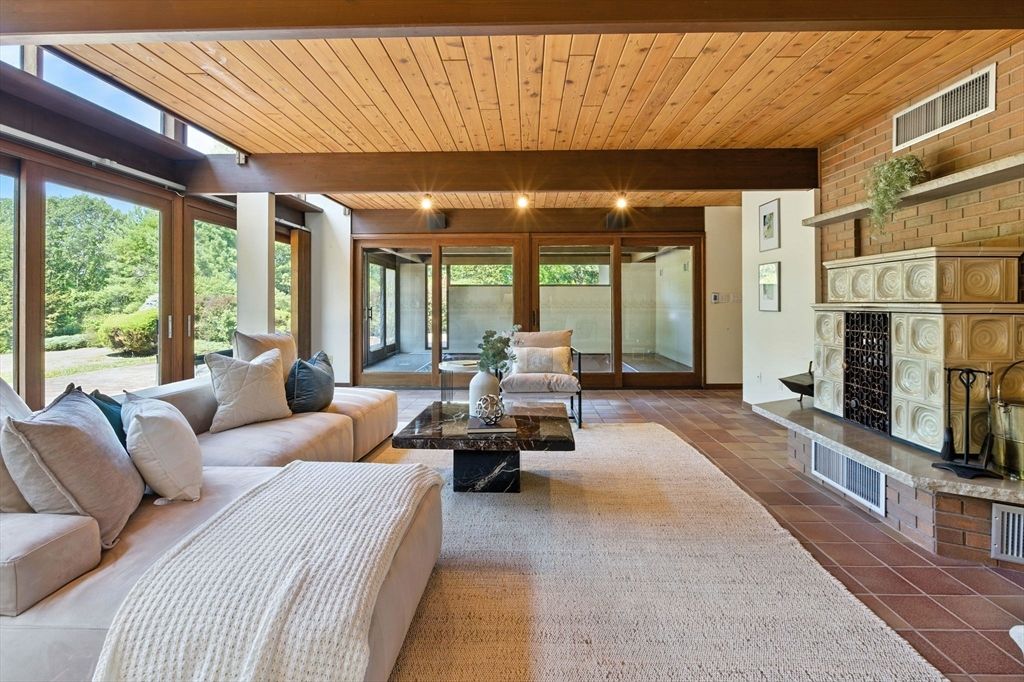 Fireplace, Interior, Living room, Stone Walls, Wooden Ceilings