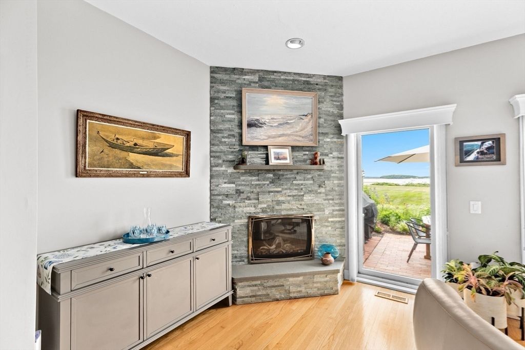 Fireplace, Interior, Recessed Lighting, Stone Walls, Wood Texture Flooring