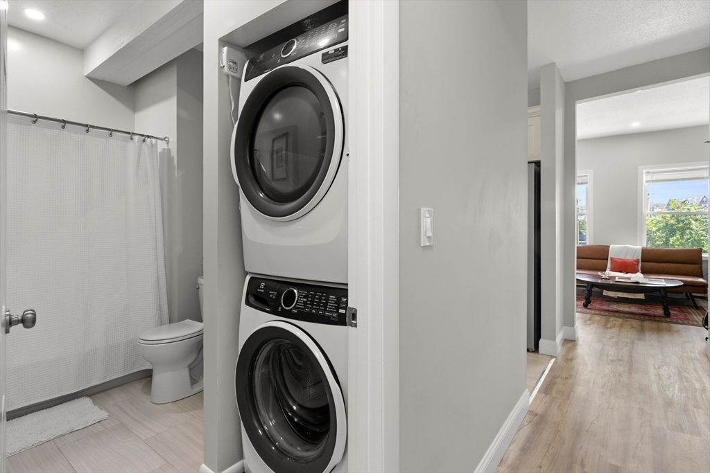 Bathroom, Interior, Recessed Lighting, Utility Closets, Washer, Wood Texture Flooring