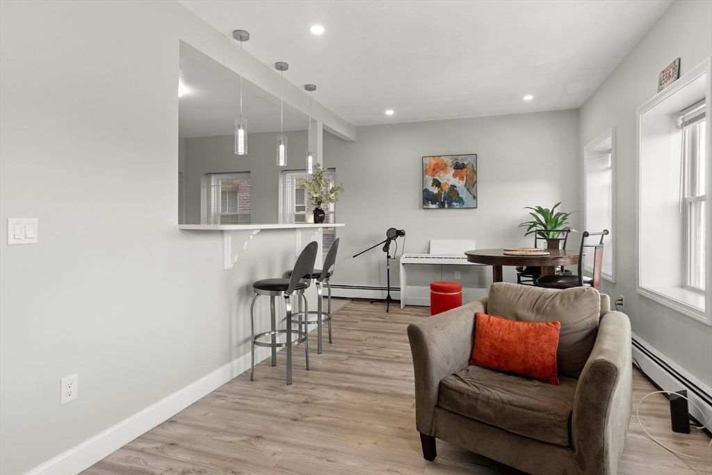 Dining room, Interior, Pendant Lights, Recessed Lighting, Wood Texture Flooring