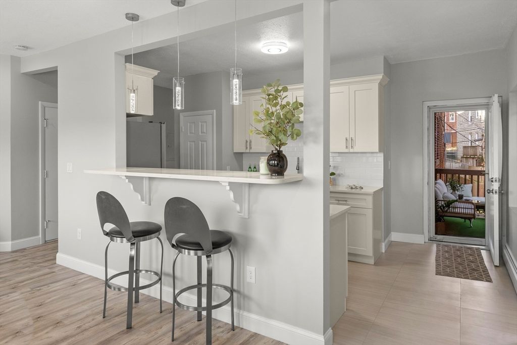 Interior, Kitchen, Pendant Lights, Wood Texture Flooring